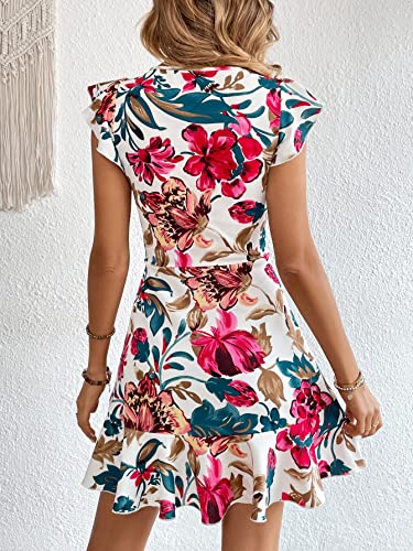 Image of Shasmi Girl's & Women's Floral Print Cap Sleeve Ruffle Trim Short Dress Summer Boho One Piece Mini Dress for Women Stylish Dresses (Midi 170)
