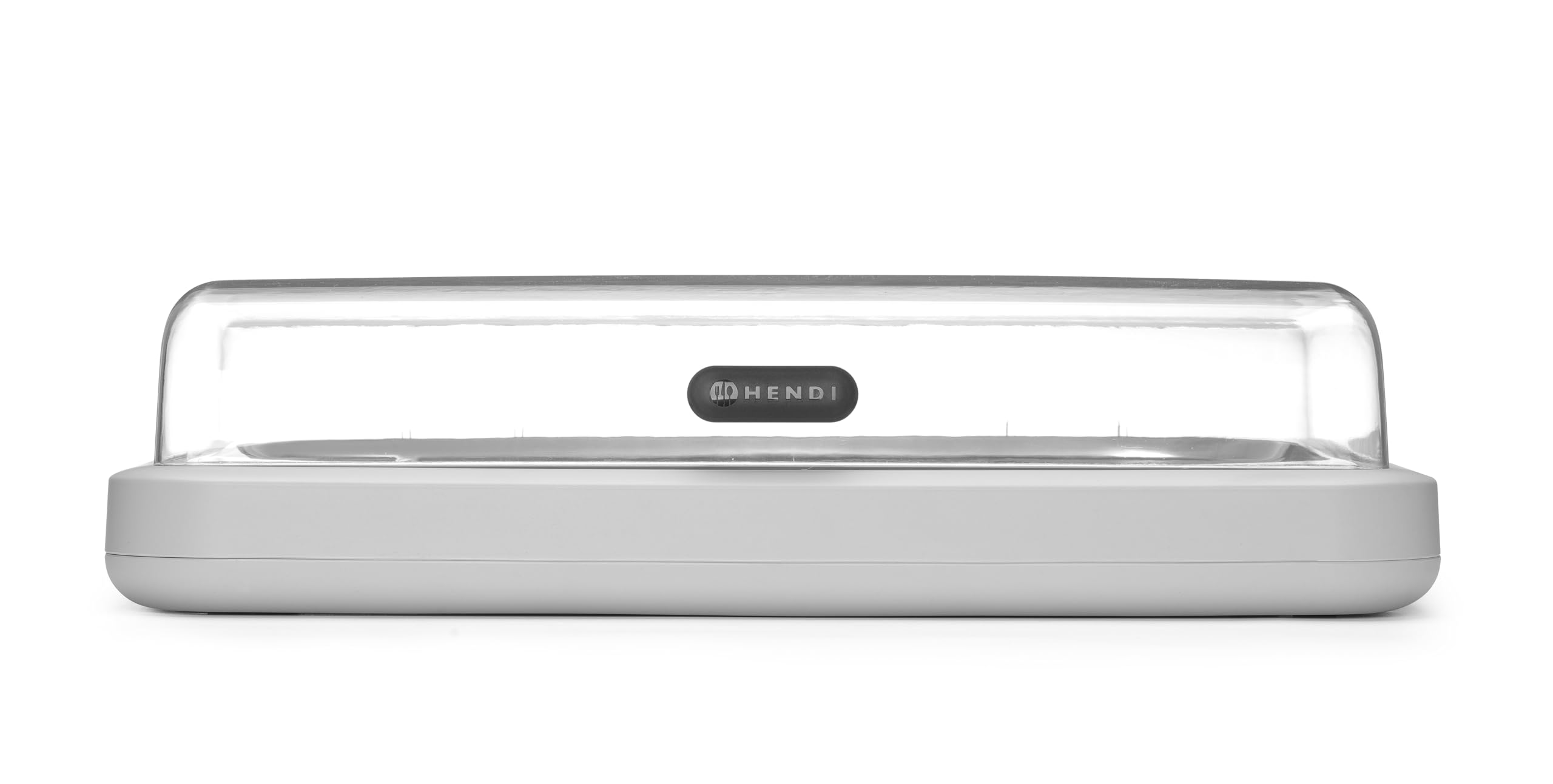 HENDI Expositor refrigerado UNIQ con cubierta transparente abatible de ABS, conjunto exhibidor con bandeja de acero inoxidable GN 1/1, bloque refrigerante, 593x389x(H)147mm, polipropileno, blanco