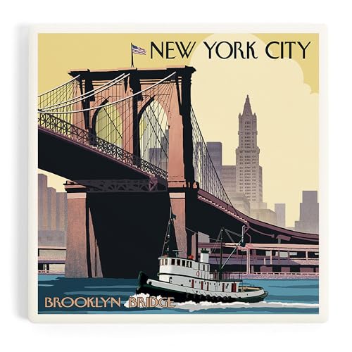 Lantern Press New York City New York Brooklyn Bridge (Absorbent Ceramic Coaster, Single, Cork Back...