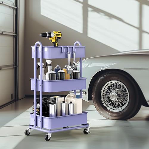 Image of Simple Houseware 3-Tier Heavy Duty Metal Utility Rolling Cart, Purple