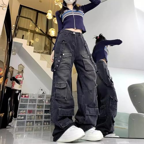 Gothic Work Pants Women's Hip-hop Street Multi Pocket Workwear Jeans Women's Loose Wide Leg Washed Pants Y2K Jeans2