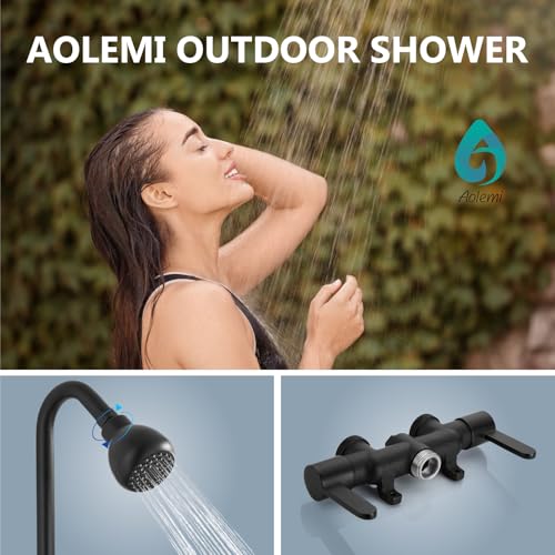 Kit de Ducha para Exterior Aolemi, 3 pulgadas centro, 2 manijas, Negro Mate | Válvula mezcladora, tubería de ducha SUS304, control dual de agua caliente y fría, entradas reversibles y cabezal giratorio miniatura 2
