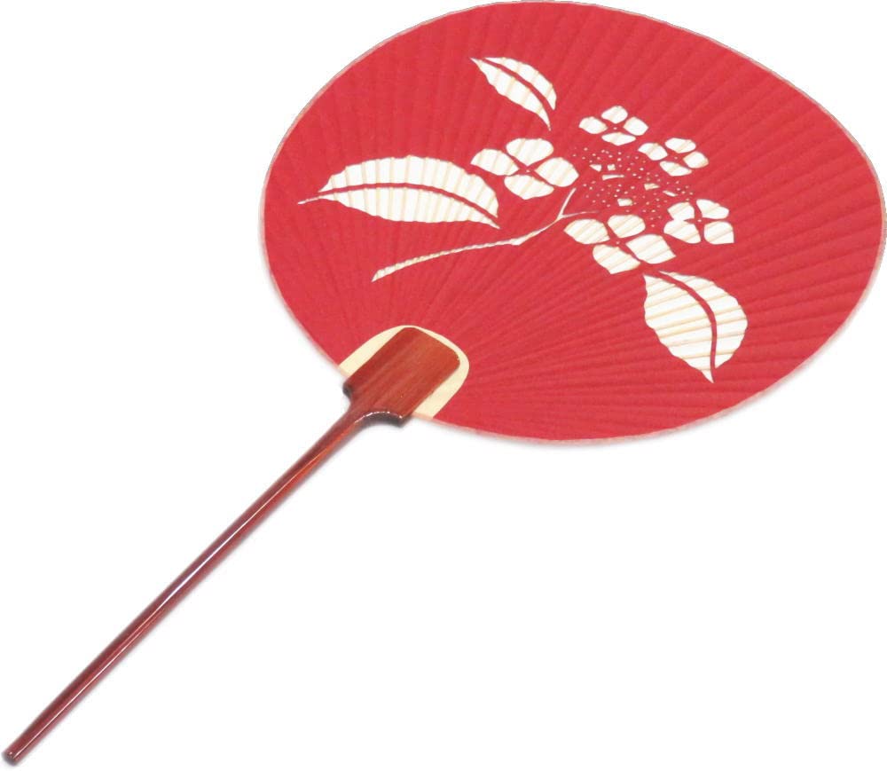 Hydrangea Engine Single Sided Fan Fan Dance Fan Long Handle Fan Branch: Bamboo (Round Branch) Fan Fan 8.7 inches (22 cm), red (orange-ish)