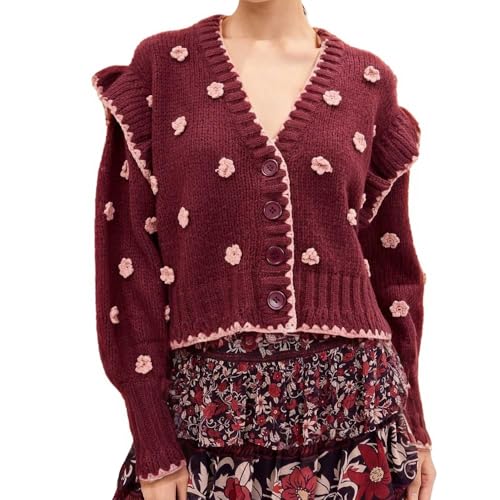 Womens Floral Cardigan Sweater Chunky Knit Drop Shoulder V Neck Button Down Embroidered Flower Cardigan Tops2