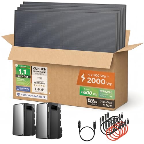 Solarway® Balkonkraftwerk 2000 Wp / 800 W mit 3,8 kWh Speicher – Komplettset Steckdose – 2× EcoFlow STREAM Ultra (je 1,9 kWh) – 4× 500 W Solarmodule – Plug & Play Solaranlage inkl. Zubehör