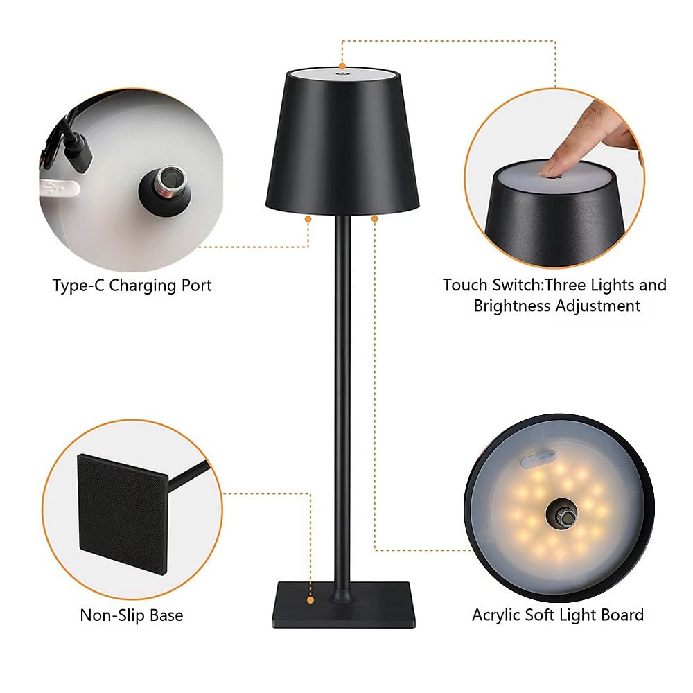 TRIXES Rechargeable Table Lamp, Black, Bistro Style, Cordless Indoor/Outdoor Portable Ambient Light - Image 4