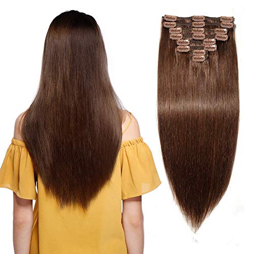 MY-LADY Double Weft 100% Remy Human Hair Clip in Extensions Full Head Thick Thickened Long Soft Silky Straight 8pcs 18clips for Women Beauty 14