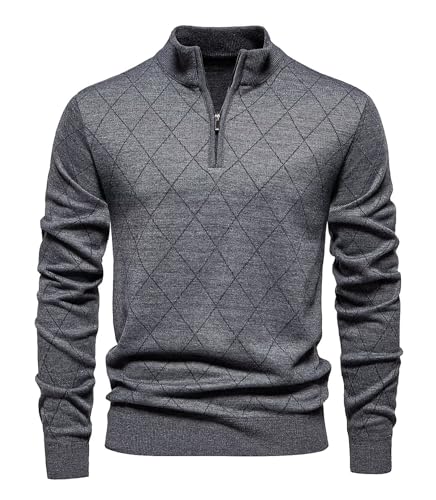 Shuanghao Jersey Suéteres para Hombre con Cremallera 1/4 Sudadera Sweater de Punto sin Capucha Suéter de Trabajo Vestir Ropa Fino Cálido Otoño Invierno Camiseta Pullover para Hombres Gris Oscuro L