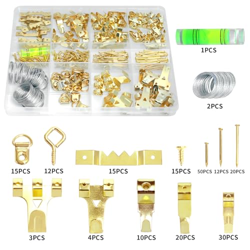 Image of 303 Pcs Picture Hanging Kit,Picture Hangers,Picture Hanging Wire Wall Hanging Kit,Frame Hangers,Frame Hooks,Picture Hooks Accessories with Hanging Nails,Hanging Wires(Gold)