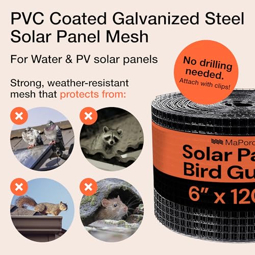 Image of MaPorch Solar Panel Bird Guard Mesh Screen - 6 in x 120 ft Black PVC Coated Galvanized Steel - Solar Panel Netting Mesh - Includes 80 Clips, Scissors & Gloves for Easy DIY Install | With 80 Fasteners, Gloves & Scissors - PVC Coated Wire Screen - Water & UV Resistant - Netting Blocks Pigeons & Pests