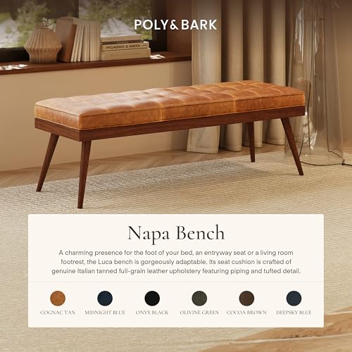Image of Poly & BARK 55 inch Tufted Leather Bed Bench for Bedroom End of Bed - Living Room Entry Way Bench - Pure Italian Leather Upholstery with a Solid Wood Frame - Ottoman Bench with Wooden Legs - Cognac Tan