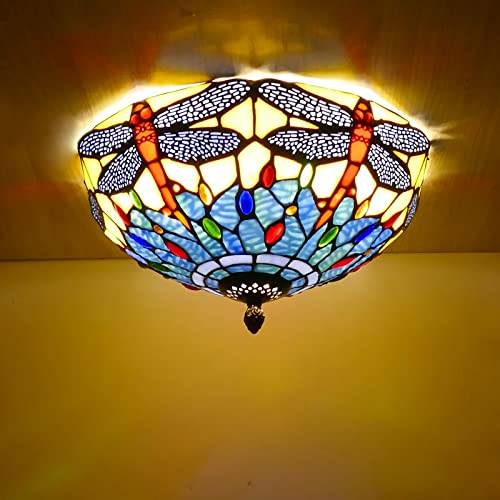 WDBZTJ Plafonnier Libellule, LED Lampe De Plafond À Abat-Jour En Vitrail Tiffany, Lustre Suspension De Style Rétro Moderne À Intensité Variable Pour...