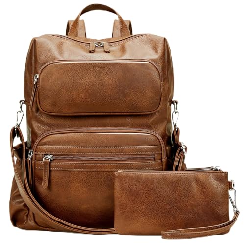 Marvolia PU Leather Backpack for Women - Vintage Womens Backpacks with Wristlet Convertible Crossbody Shoulder Bag for Daily Use Work Party - Brown