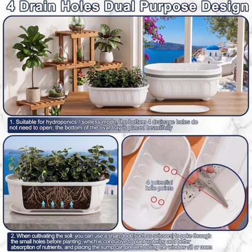 Image of Plastic Rectangle Round Corner Flower Pots with Drainage Hole Saucers Durable Outdoor Indoor Planters with Tray Plant Containers for Balcony, Garden, Home & Office (White, 5)