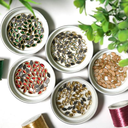 Image of EmbroideryMaterial 5 * 9 MM Flat Back Round Kundan Stone Beads for Craft, Embroidery Work, Jewellery Making, Bangles Making Combo of 5 Colors (250 Pieces, Gold, Silver, Off White, Red, Green)