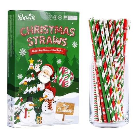 PakTalk Christmas Straws, 10 Styles 100 Red Green Gold Christmas Paper Straws Tree Snowflake Disposable Drinking Straws for Christmas, New Year, Holiday, Party Supply(0.24" x 7.75", 100 Pack) Cover