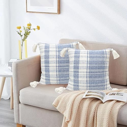 Best Decorative Cushion Covers: Cotton vs Velvet 67 Handwoven Cotton Cushion Cover with Tassels, 2, Blue Strip, 16*16...