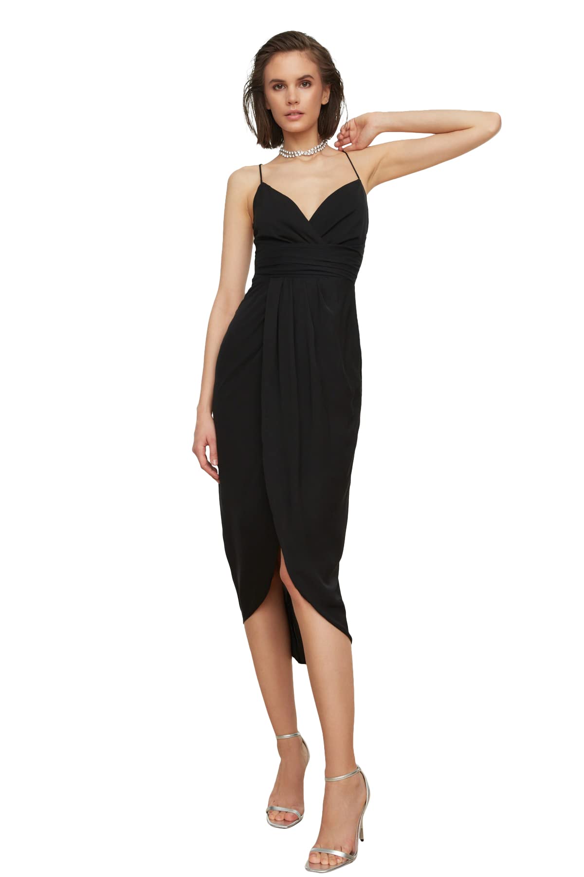 Trendyol Women's Midi Wrapover Regular Fit Woven Dress, Black, 6