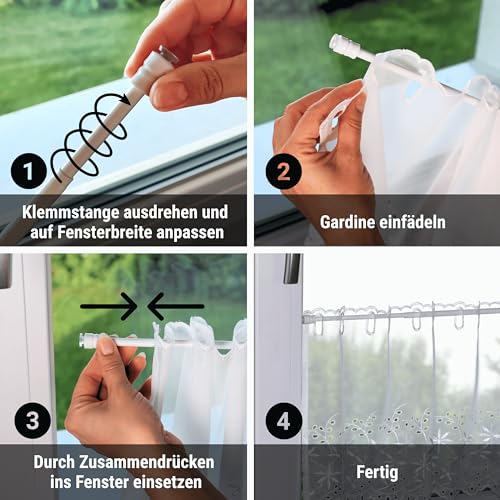 Rollina Klemmstange Gardinenstange ohne Bohren weiß | Für Fensterbreite 40-60cm | mit Gummipuffer | starke Spannung durch Drehmechanismus | Klemm-Bistrogardinenstange für Scheibengardinen (1er Pack)