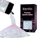 Renfio Iridescent Chunky Glitter, 1.76oz/50g Colorful White Glitter for Snowglobe Tumbler,PET Flake Mixed Fine Powder for Snowglobe Tumbler,Craft,Epoxy Resin,Festival Decor,Nail,Slime