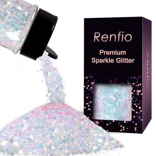 Renfio Iridescent Chunky Glitter, 1.76oz/50g Colorful White Glitter for Snowglobe Tumbler,PET Flake Mixed Fine Powder for Snowglobe Tumbler,Craft,Epoxy Resin,Festival Decor,Nail,Slime