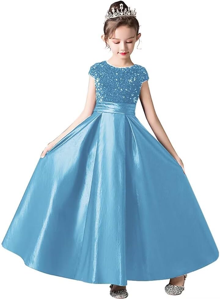 dideyttawl Girls Satin Sequins Party Dress Short Sleeves Long Formal Dress Big Bow Belt 503DX