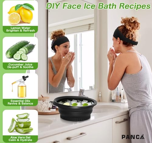 Image of PANCA Face Bowl for Ice with Built-in Icetray, Portable Foldable Silicone Ice Facial Bowl, for Home Ice Bath Facial, Black