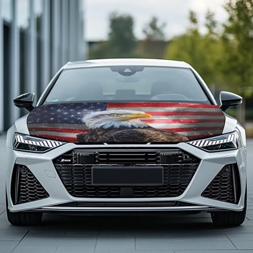 Image of Eagle and Flag Car Hood Cover Patriotic Stretch Car Hood Cover Protector for Car Hood Removable Automotive Accessories for Most Automotive Sedans Trucks Pickup SUVs