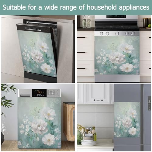 Image of White Flowers Refrigerator Magnet Cover,Green Floral Washable Dishwasher Magnets Decorative Cover,Home Kitchen Decorative Dishwasher Front Panel Cover 23x26 Inch