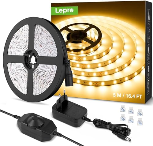 Lepro 5M Ruban LED Blanc Chaud Dimmable 12V 3000k 300LEDs V2835, Bande LED Autocollant Réglable via Variateur pour Miroir Dressing, Meuble, Escalier, Chambre, Cuisine