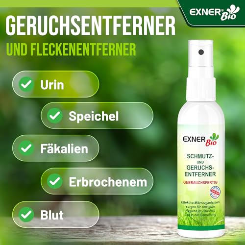 Exner Bio Geruchsentferner & Fleckenentferner - Mit Mikroorganismen gegen Flecken und Gerüche - für Haustiere, Haushalt und Ihr Auto, 100% natürlich & schonend - 100 ml Sprühflasche