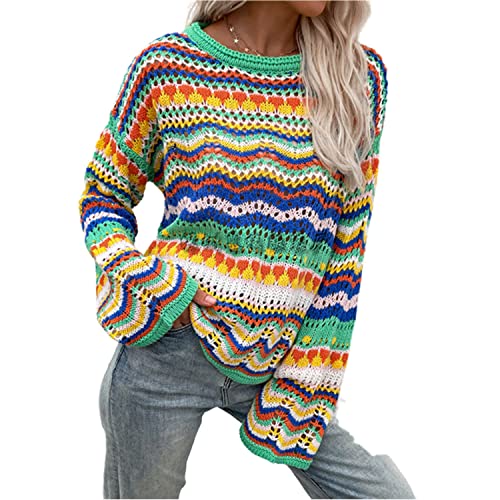 AeasyG Regenbogen gestreiftes Langarm-Patchwork-Stricken Intercolor gestreifter Pullover Damen Bunte gestreifte Hohle Strickjacke Cover