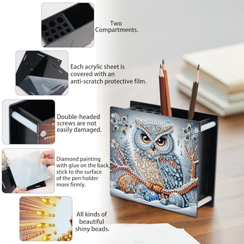 Image of DIY 5D Diamond Painting Pen Holder, Snowy Winter Owl Pencil Holder for Seasonal Home Decor, Decorative Diamond Art Organizer for School, Office, and Home