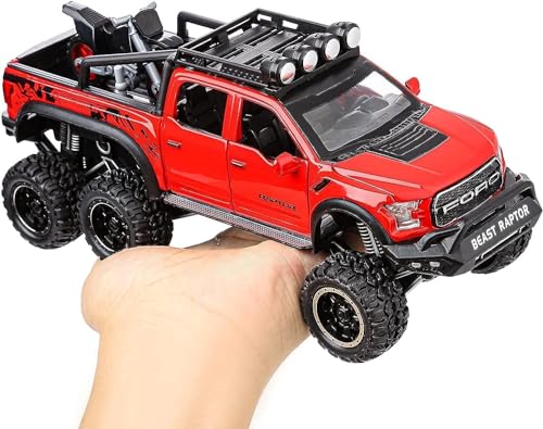 Image of Metal Pull Back Diecast Car 1:28 Big Ford Raptor Truck F150 Pull Back Car Model with Sound Light Boys Gifts Toys for Kids【Pack of 1】,multicolor