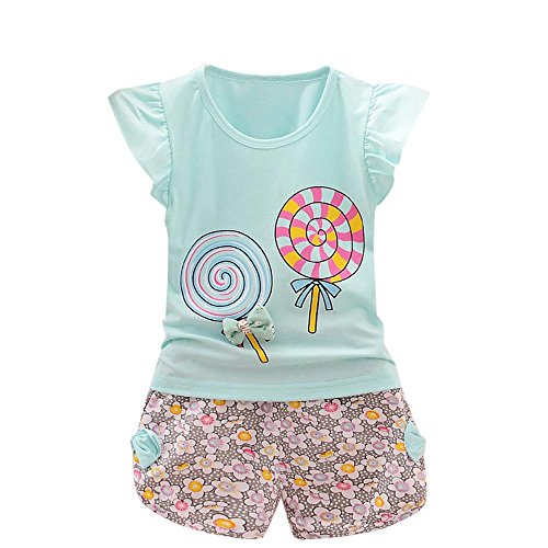 Youmymine 2PCS Toddler Kids Baby Girls Outfits Sleeveless T-Shirt Lolly Tops+Short Pants Clothes Set (12-18 Months, Light Blue)