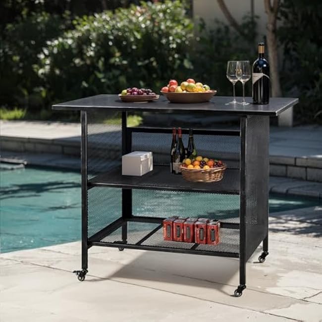 Industrial Kitchen Serving Cart, 3-Tier Metal Storage Trolley, 47.3 x 19.7 x 36.6 inches, Black with Wheels-Z9cTRaGm