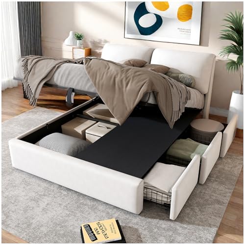 Wyibwy Cama de matrimonio acolchada, 140 x 190 cm, con cabecero, tres cajones, contenedor hidráulico, somier de cama de matrimonio, dormitorio completo, sin colchón, de terciopelo, beige