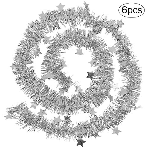 Alphatool 6Pcs Christmas Silver Tinsel Garland- Shiny Sparkly Soft Xmas Metallic Tinsel Classic