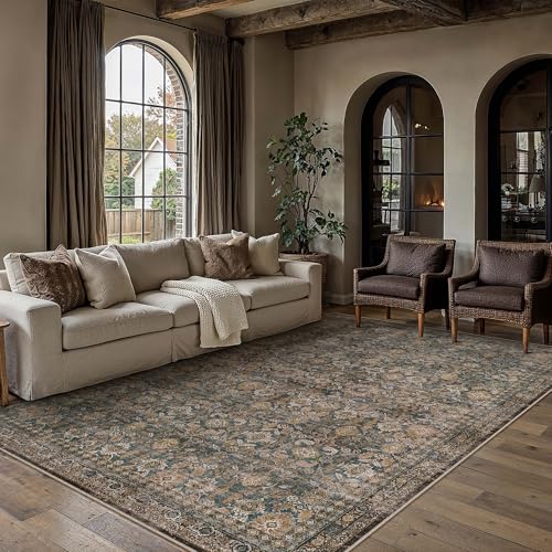 6x9 Washable Traditional Area Rug Living Room Brown Floral Non Slip Low Pile Throw Rug Neutral Vintage Stain Resistant Carpet Bedroom Kitchen Dining R