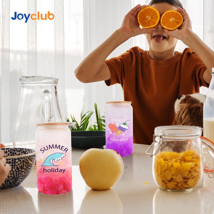 Joyclub 8 Pack Sublimation Glass Cups with Bamboo Lids and Straws, 16 OZ Frosted Glass Cans Blanks with Shrink Wrap Films for Iced Coffee Beer Juice Soda DIY Gift