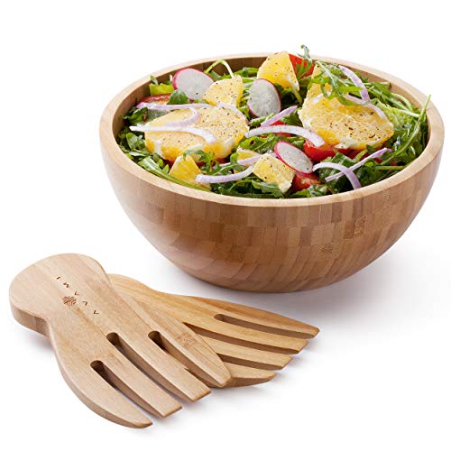 Avami Bamboo Collection Wood Salad Serving Bowl Large 96 inches Set with Servers Eco-Friendly and Perfect for Salad Food Vegetables and Fruit