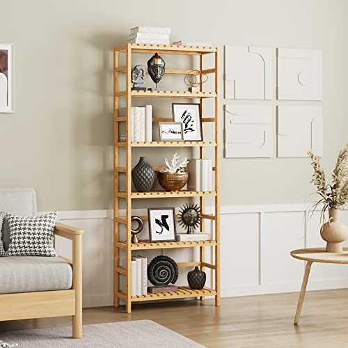 Bamjoy Bamboo Shelf, 6 Tier Bookcase Storage Shelves, Tall Book Rack Shelving Unit, Multipurpose Storage Display Shelf Adjustable Shelves Plant Stand For Home Office Bathroom Kitchen Living Room, 64"H #TOP1
