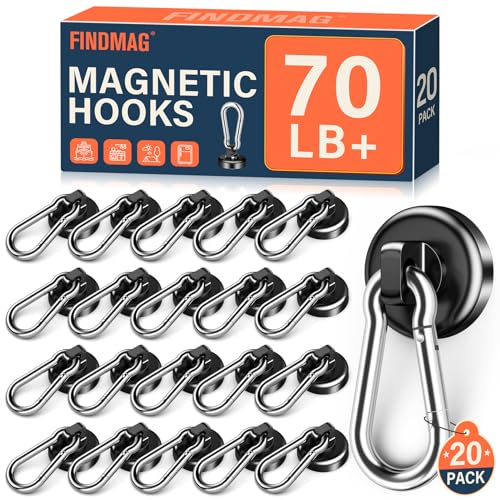 FINDMAG Magnetic Hooks with Swivel Carabiner Neodymium Magnet Hooks for Hanging Magnet with Hook for Kitchen Office Home School - Black 20 Pack