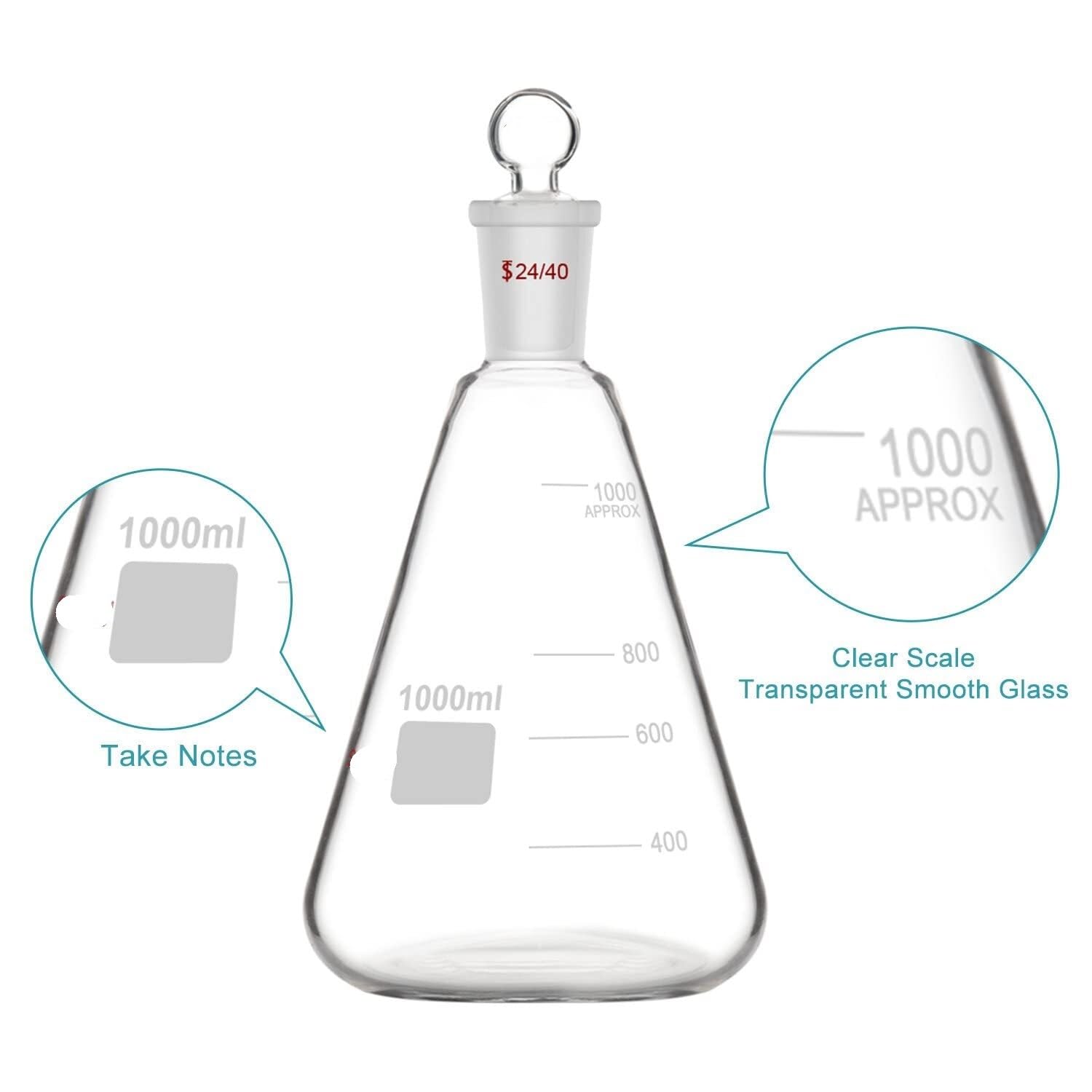 Matraz de Erlenmeyer de vidrio borosilicato de 1000 ml con tapón de vidrio, unión cónica 24/40, pared gruesa(1000 ml)