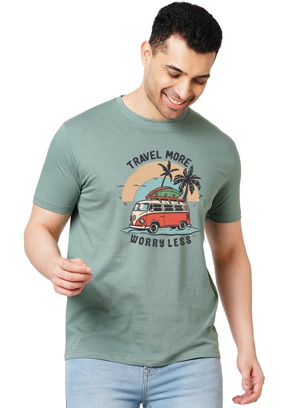 Image of Wear Your Opinion Men's Premium Cotton Printed Round Neck T-Shirt (Design: Travel More Worry Less)