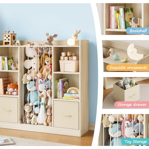 Image of EXPERLAM 4-in-1 Toy Storage Organizer with Stuffed Animal Storage, Solid Pine Kids Bookshelf and Toy Shelf, 6 Cube Shelf with 2 Removable Drawers, Stuffed Animal Zoo for Kids Room, Playroom, Nursery