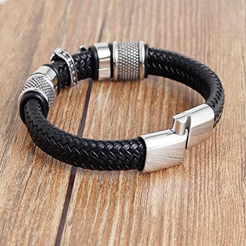 Jewellbox | Men's Braided Leather Bracelet in Black with Cross | Stainless Steel Magnetic Clasp | Luxury Gift Box