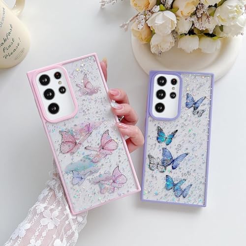 Image of VONZEE for Samsung Galaxy A36 5G Clear Glitter Butterfly Case, Cute Bling Sparkle Shiny Soft Silicone TPU Bumper Shockproof Women Girls Slim Protective Phone Cover for Galaxy A36 5G, Purple