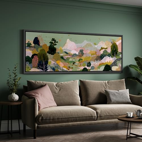 Image of MUDECOR Large Framed Canvas Print Wall Art Colorful Abstract Landscape with Trees Contemporary Antique Retro Ready to Hang Painting for Living Room Bedroom Multi-Sizes - 60 inchx20 inch