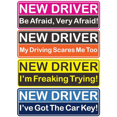 4 Pack Reflective Student Driver Car Magnet, Funny Magnetic Bumper Sticker Safety Sign Set, New Driver Stickers Supplies for Novice Drivers, Removable, Water Proof, UV Heat Resistant